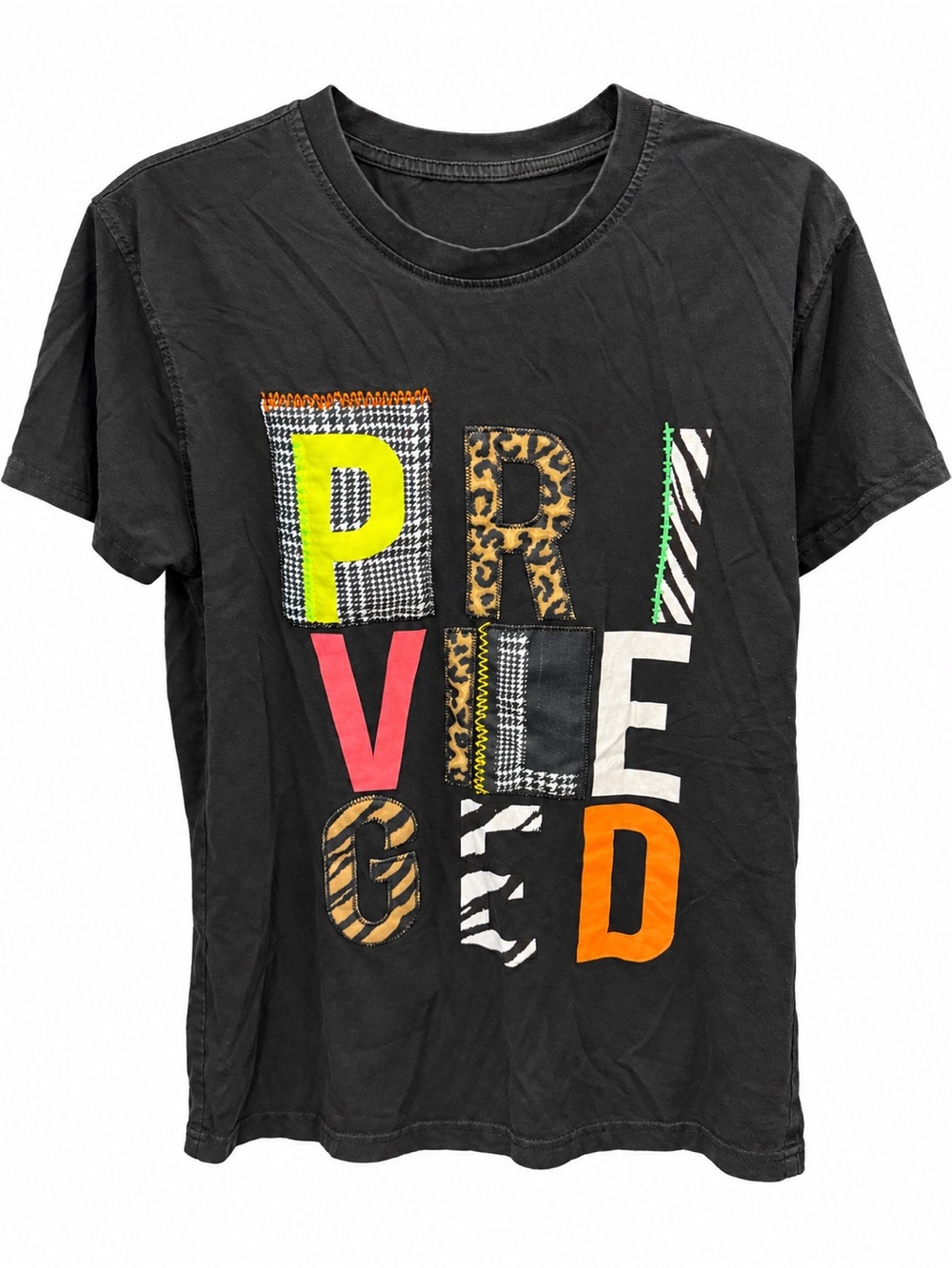 Screenshoz Men’s Medium Black Privileged Graphic Tee Animal Print Neon